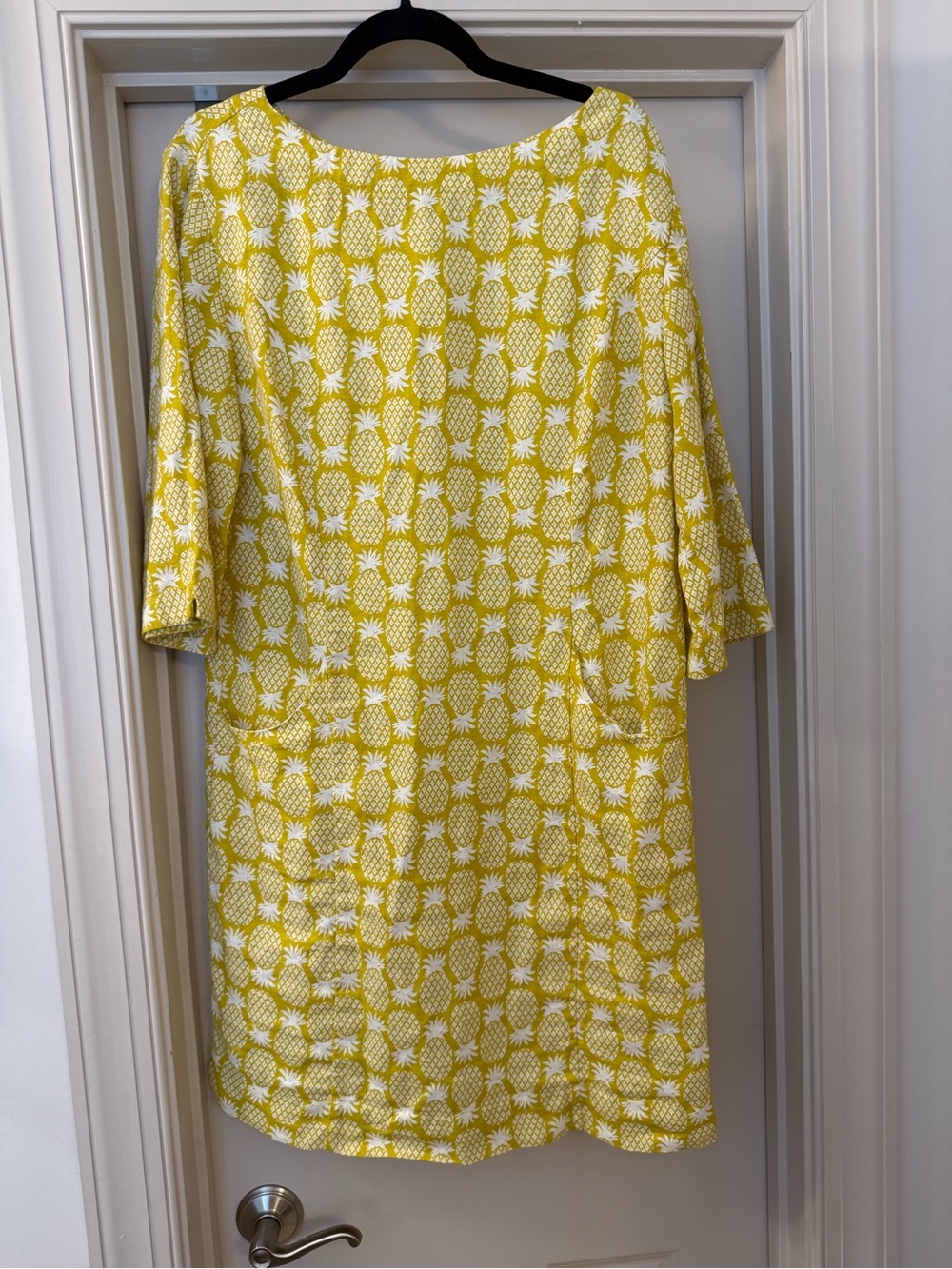 Boden US 6L 100% Linen Yellow and White Pineapple Print Shift Dress with Pockets